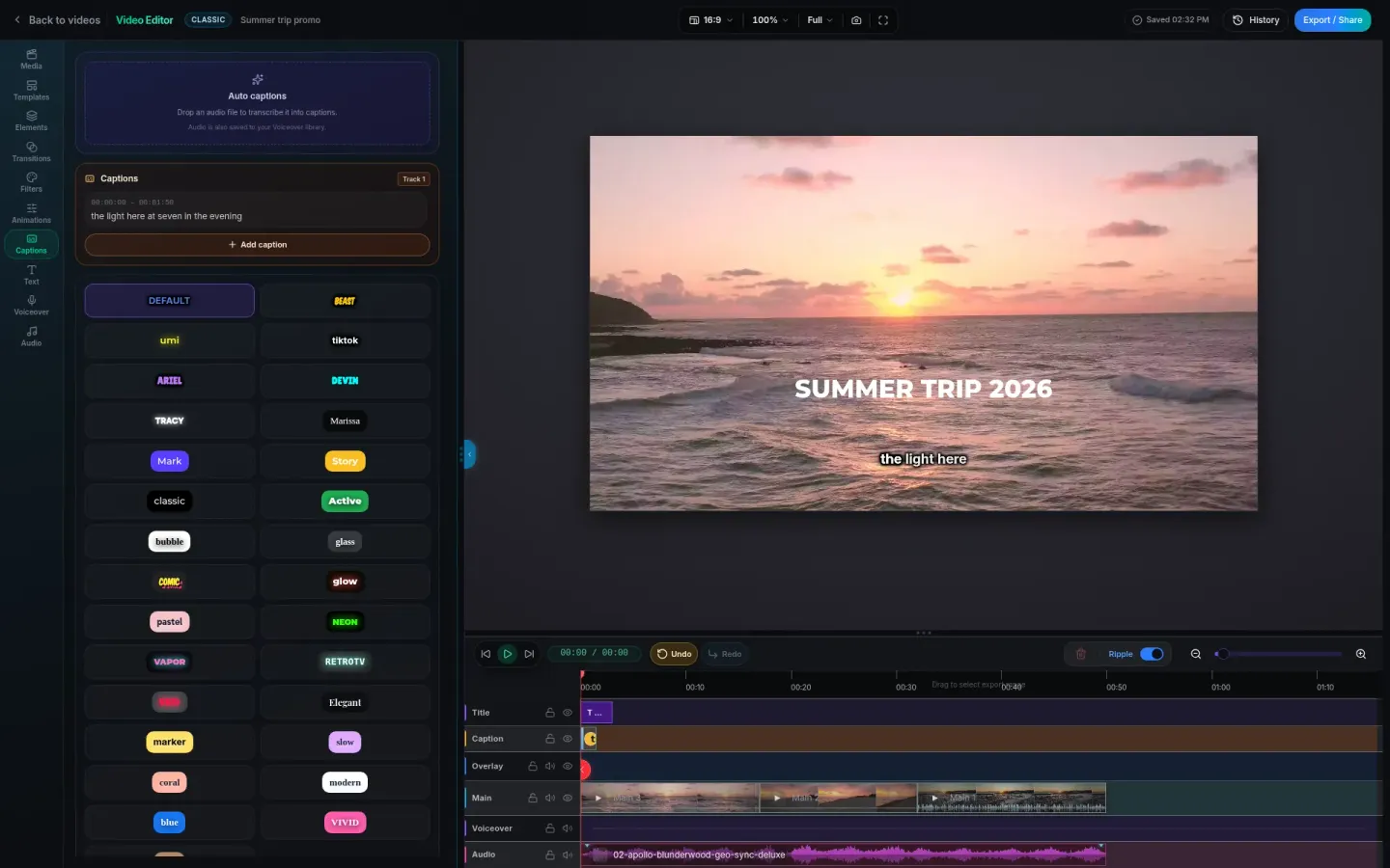 Auto captions panel in PandaVid showing caption style presets and a word by word caption burned over the video preview
