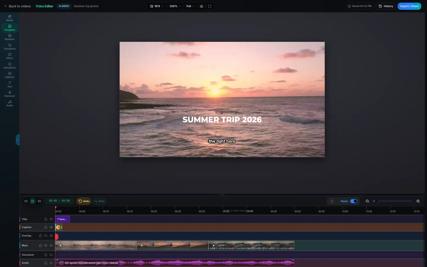 PandaVid video editor timeline with three clips on the main track, a title, a caption and a music track under the preview