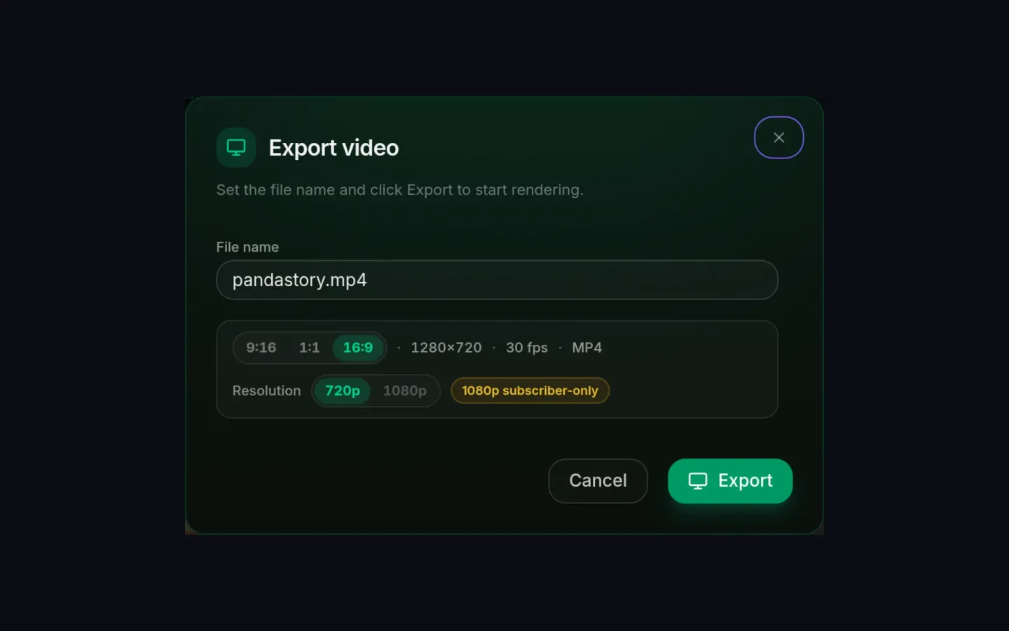 Export dialog in PandaVid showing the file name, 9:16, 1:1 and 16:9 aspect ratios, frame rate and resolution