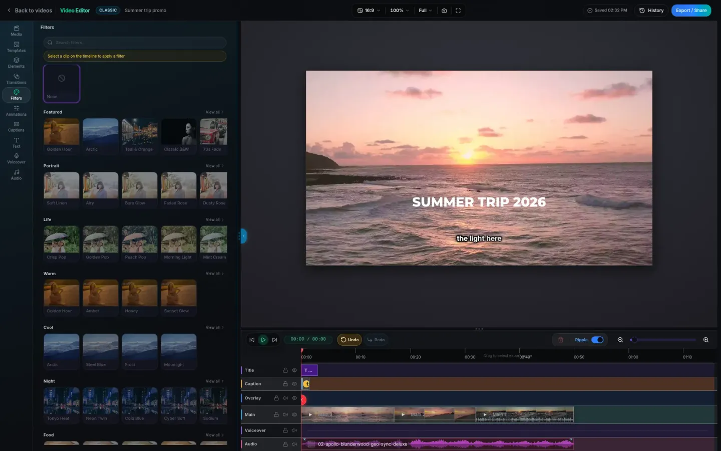 Color filter library in PandaVid with warm, cool, night, portrait and film looks applied to sample frames