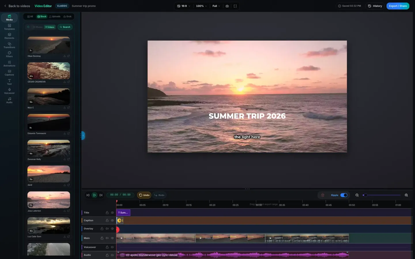 Stock video search results inside the PandaVid media panel with clip lengths and creator credits