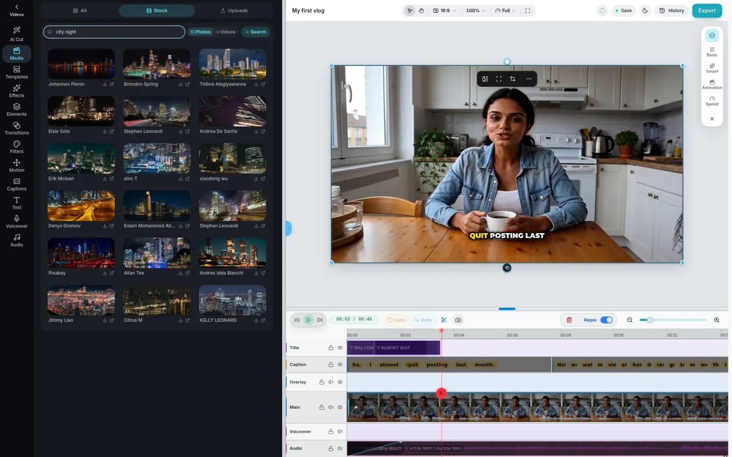 Suchergebnisse für Stockvideos im Medien-Panel von PandaVid mit Länge und Urheber pro Clip