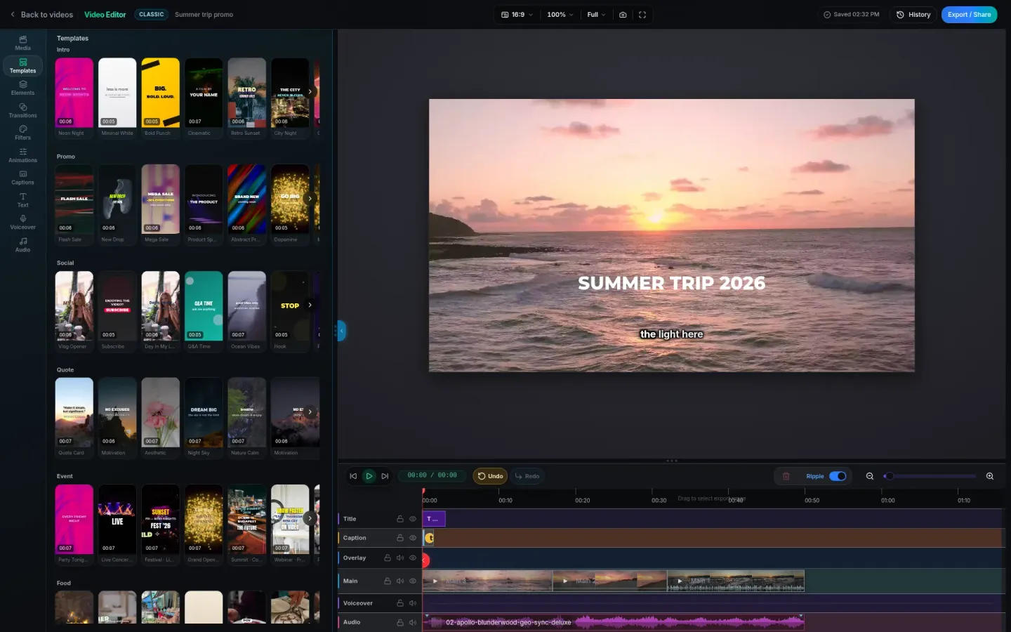 Template library in PandaVid grouped into intro, promo, social, quote and event categories
