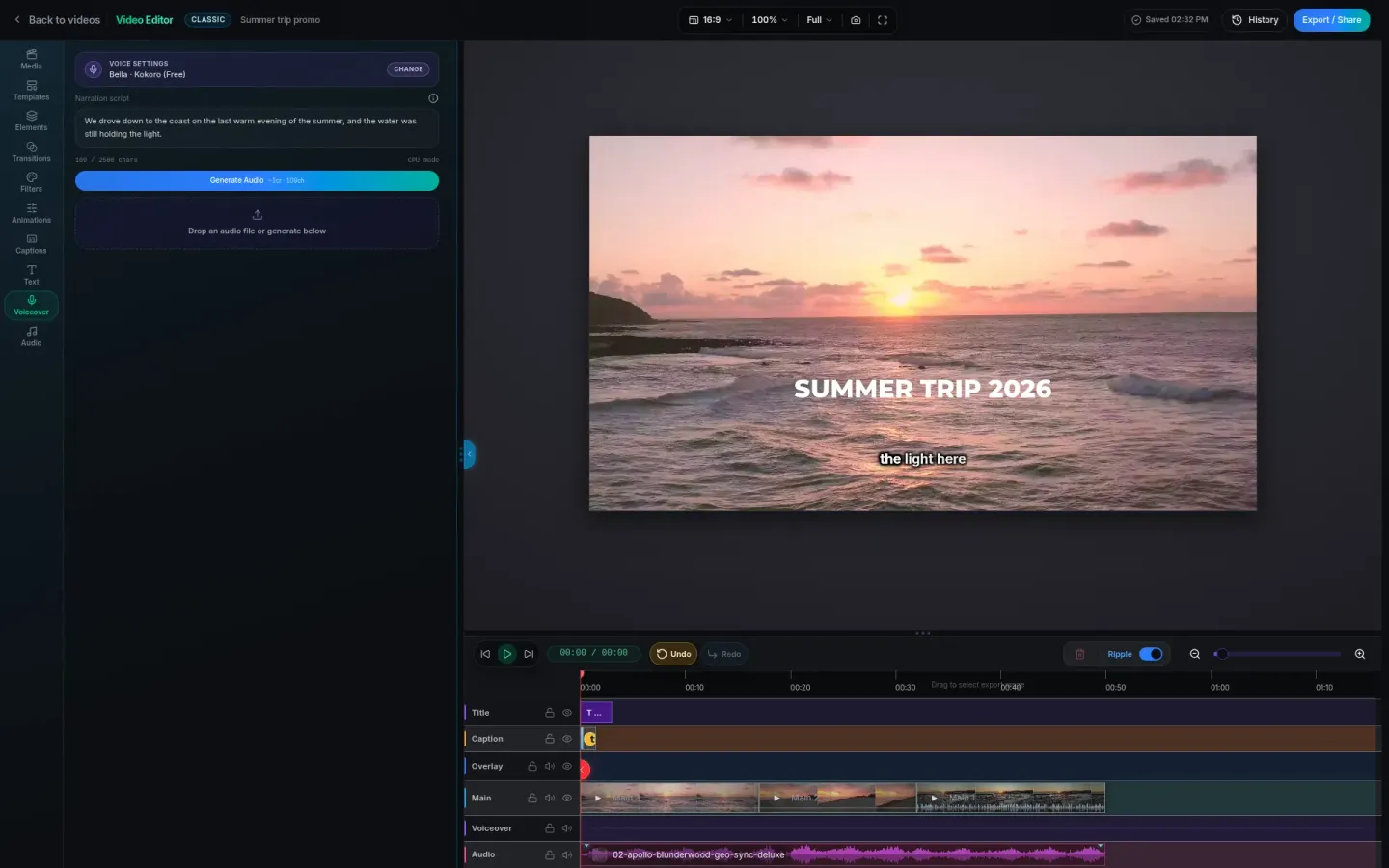 PandaVid voiceover panel with a narration script, the selected voice and a generate audio button