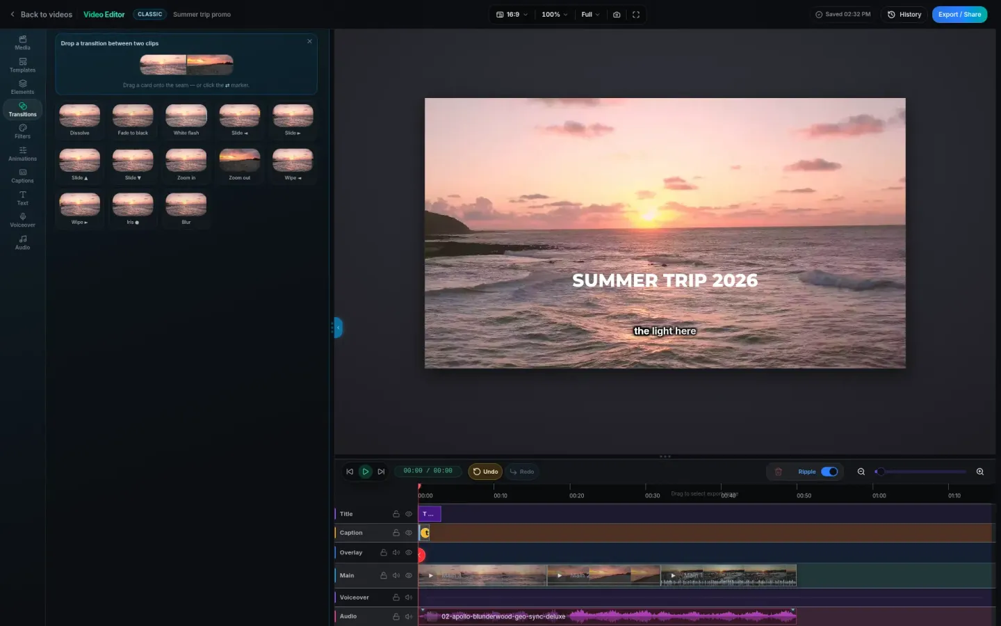 Transition picker in PandaVid previewing dissolve, fade to black, slide, zoom, wipe, iris and blur on the user footage